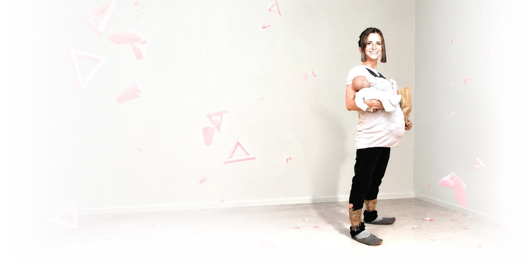 Collage self-portrait: Chi standing in a studio scattered with pink paper confetti