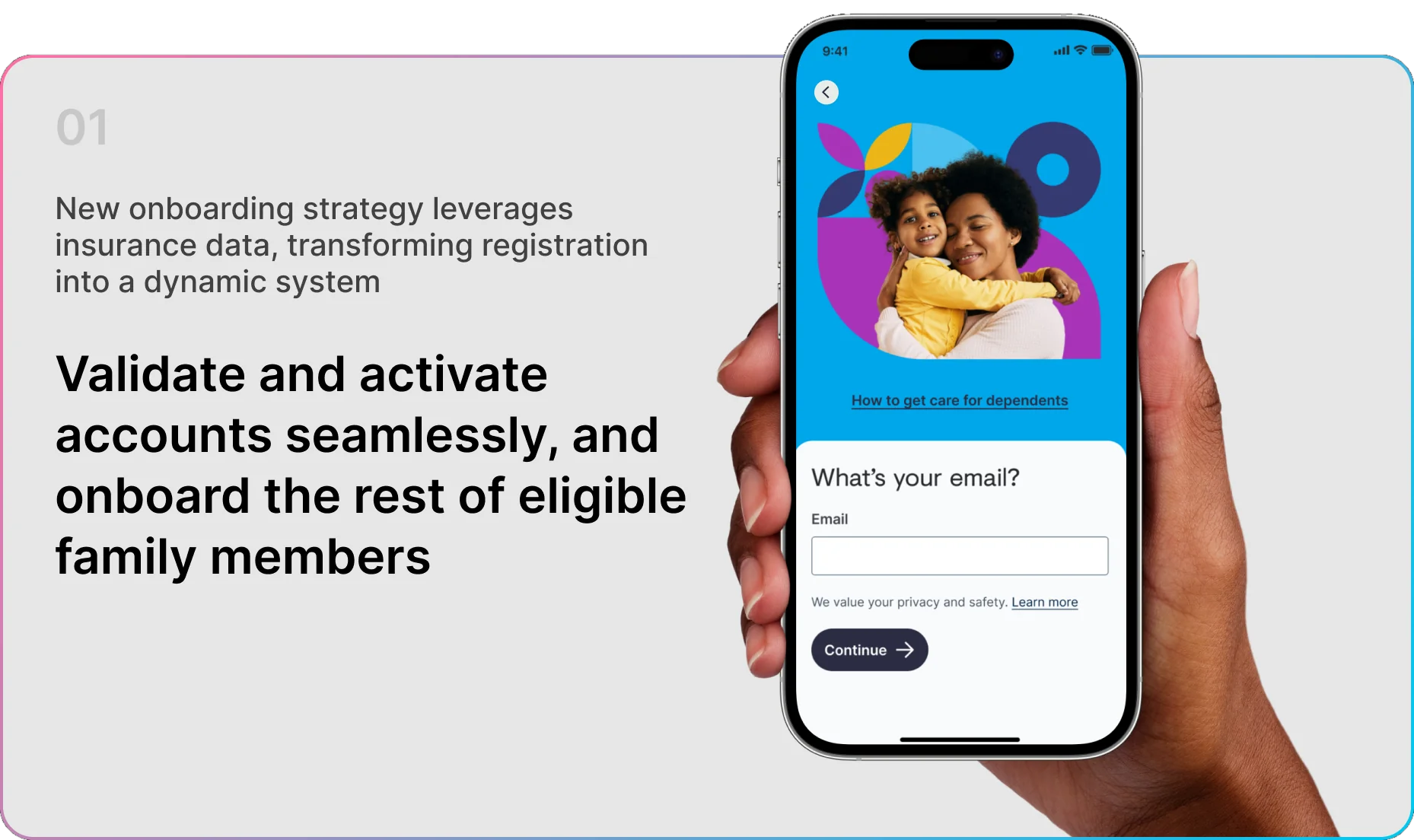 Slide 01 — Validate and activate accounts seamlessly, and onboard the rest of eligible family members. Express sign-up email screen on a phone in hand.