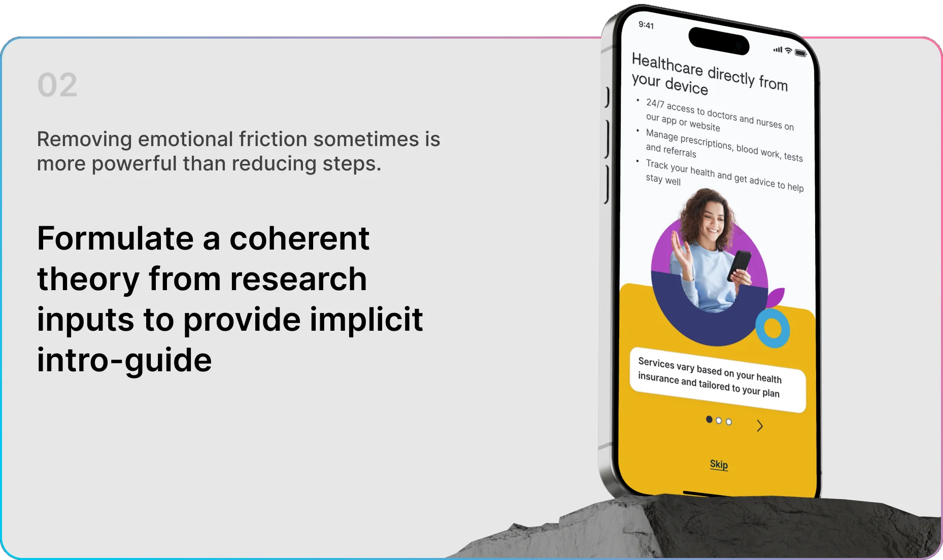 Slide 02 — Formulate a coherent theory from research inputs to provide an implicit intro guide. The intro carousel on a phone standing on a rock.