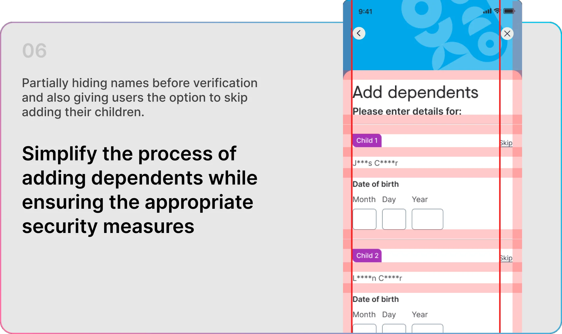 Slide 06 — Simplify adding dependents while ensuring appropriate security: names partially masked before verification, each child skippable.