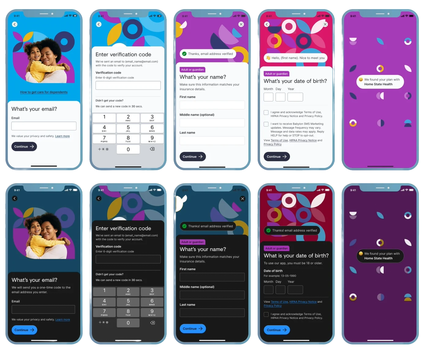 Ten screens in two rows: the registration steps — email, verification code, name, date of birth and the matched health plan — shown first in the light theme and again in the dark theme.