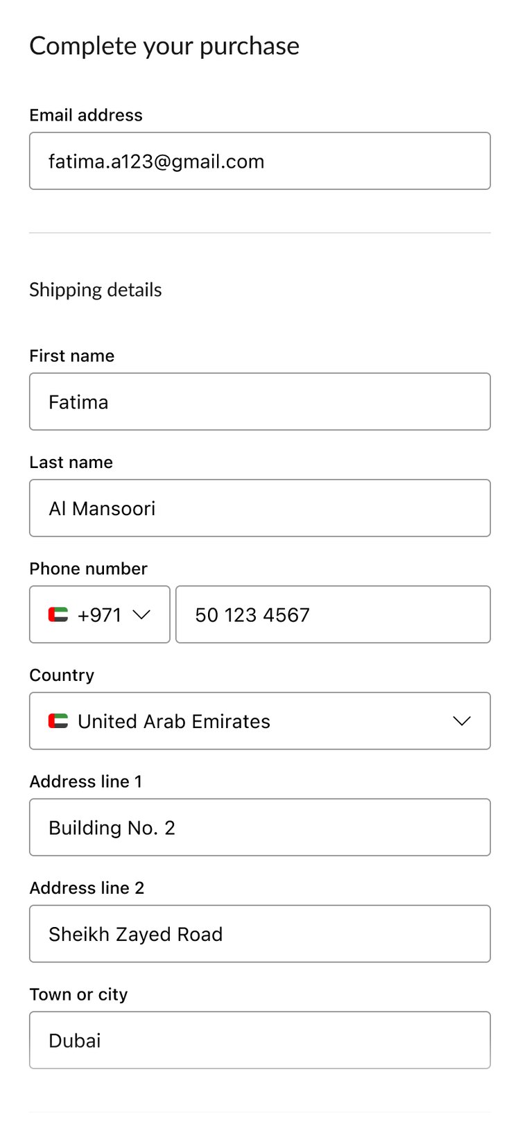 The first checkout capturing the shopper's email address and shipping details: name, phone number, country, address lines and town