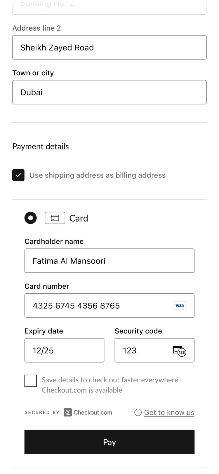 The payment form: billing defaults to the shipping address via a ticked checkbox, with card fields and the 'Save details to check out faster everywhere' opt-in above the Pay button