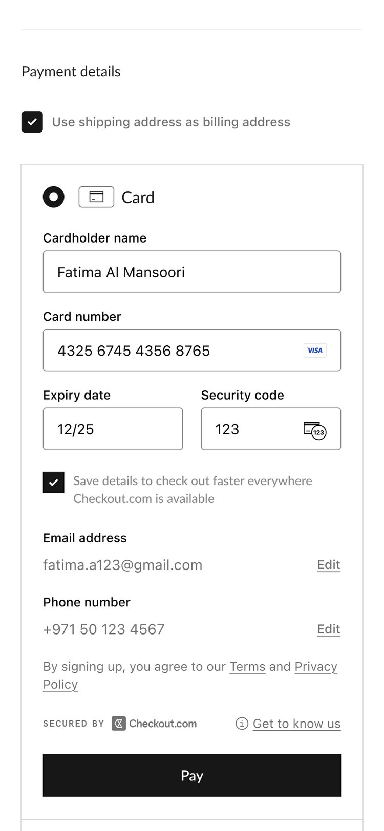 The same form with the opt-in ticked: the shopper's email and phone number appear for confirmation above the Pay button
