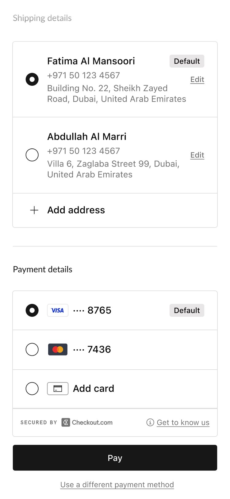 The self-serve view for managing saved details: two saved addresses and saved cards, each editable or removable