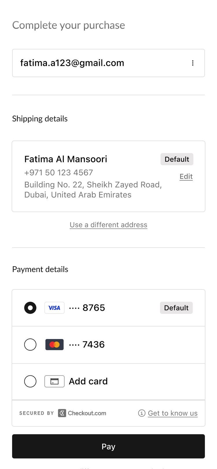 The recognised checkout with saved address and saved cards pre-filled, ready to pay in one click