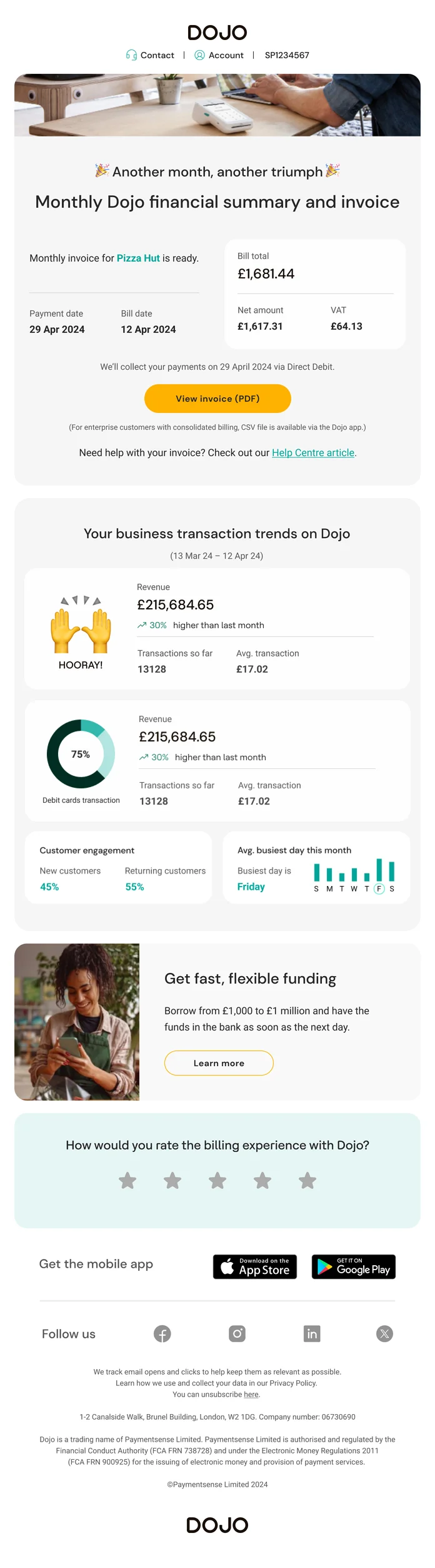 Concept: the monthly DOJO billing email — financial summary, invoice and business transaction trends