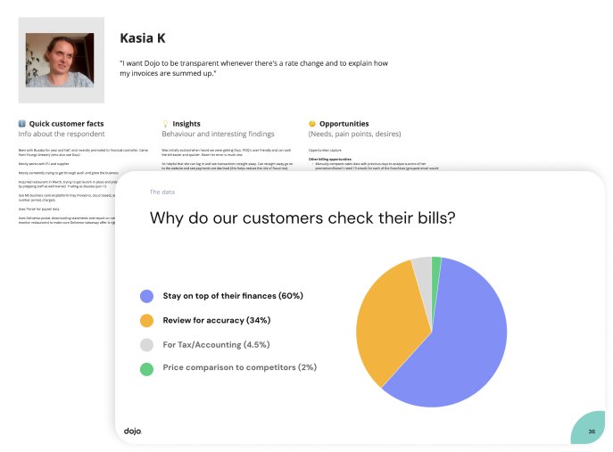 Customer interview profile and a pie chart of why customers check their bills