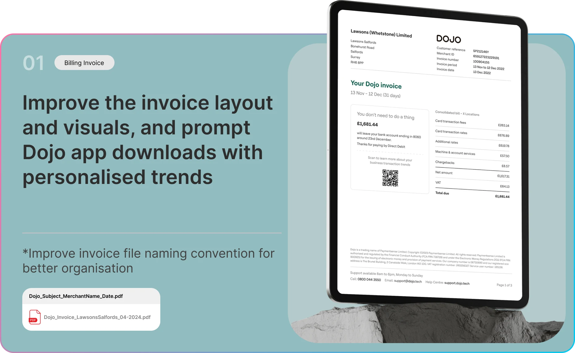 Slide 01 — Billing invoice: improve the invoice layout and visuals, and prompt DOJO app downloads with personalised trends; plus a clearer invoice file naming convention.