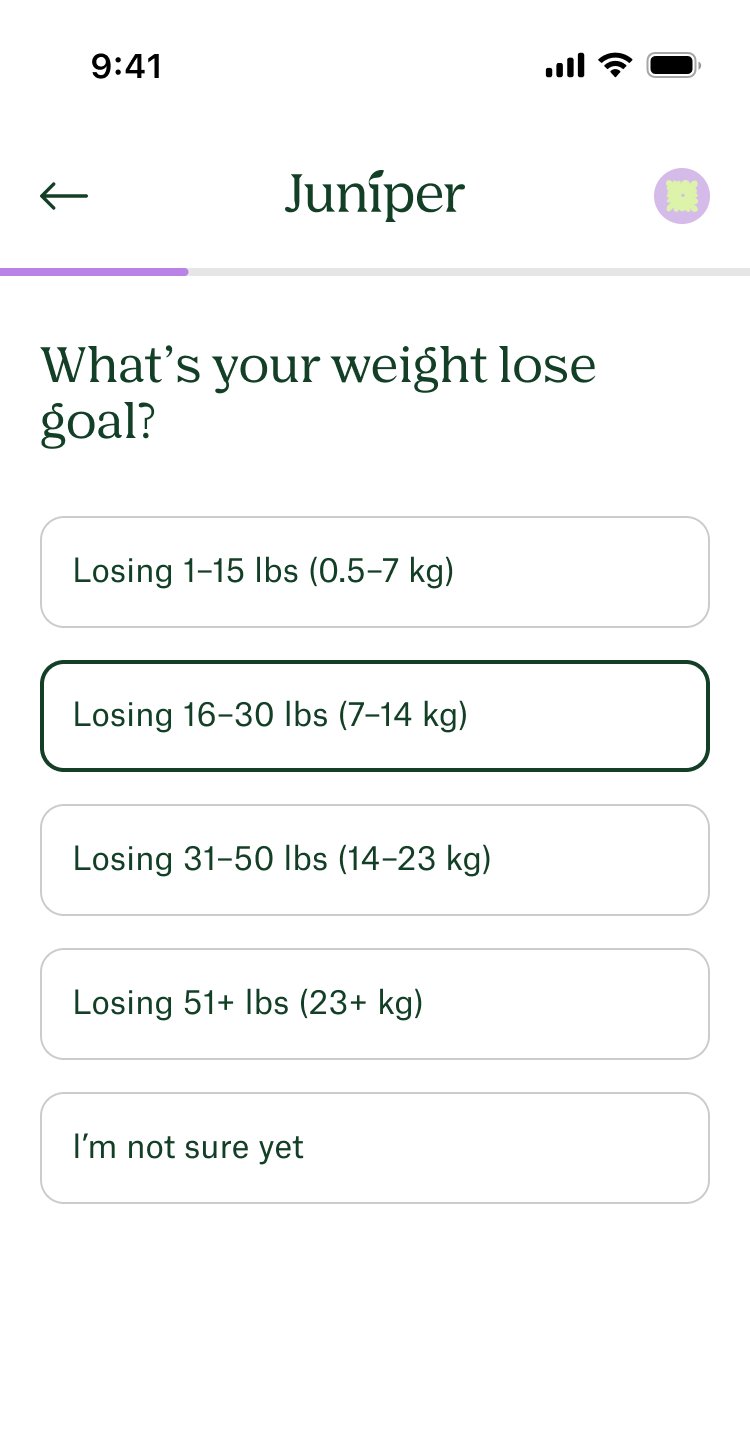 What's your weight loss goal — selectable ranges from 1–15 lbs to 51+ lbs