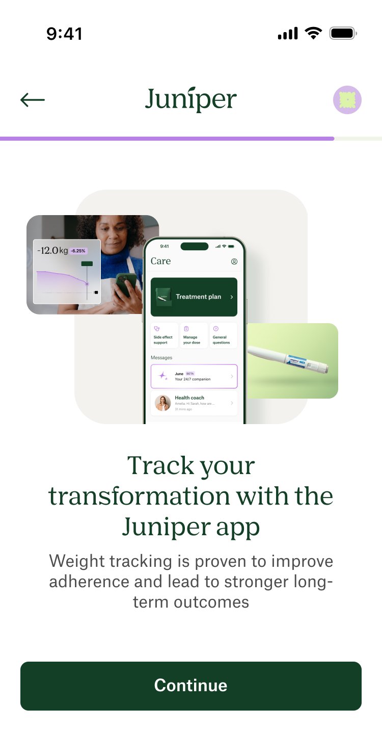 Track your transformation with the Juniper app — treatment plan, dose management and health-coach messages