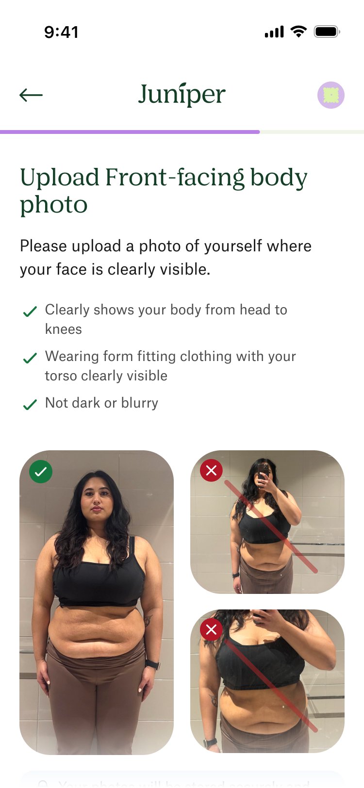 Upload front-facing body photo — clear do and don't examples, head to knees, with the same secure-storage reassurance