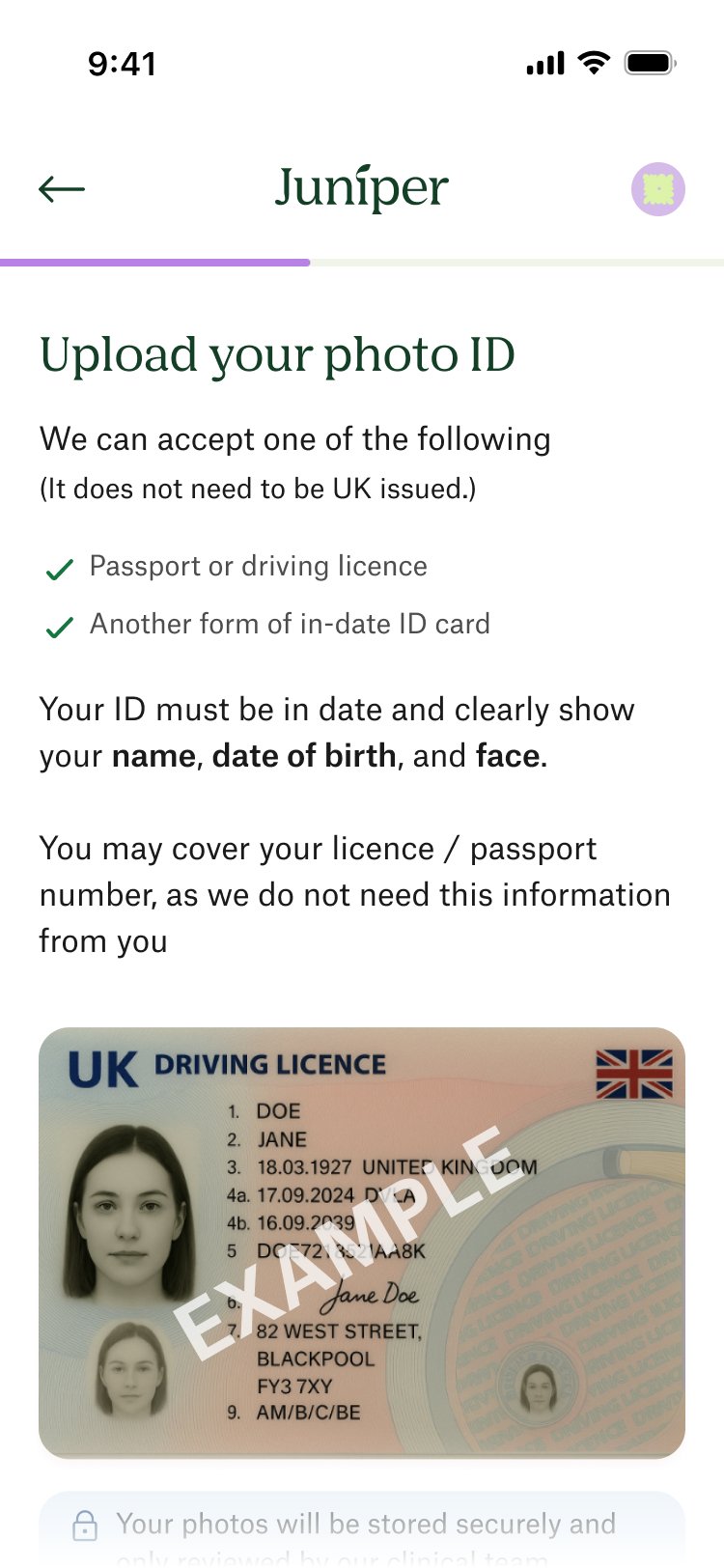 Upload your photo ID — passport or driving licence, sensitive numbers may be covered; photos stored securely and reviewed only by the clinical team