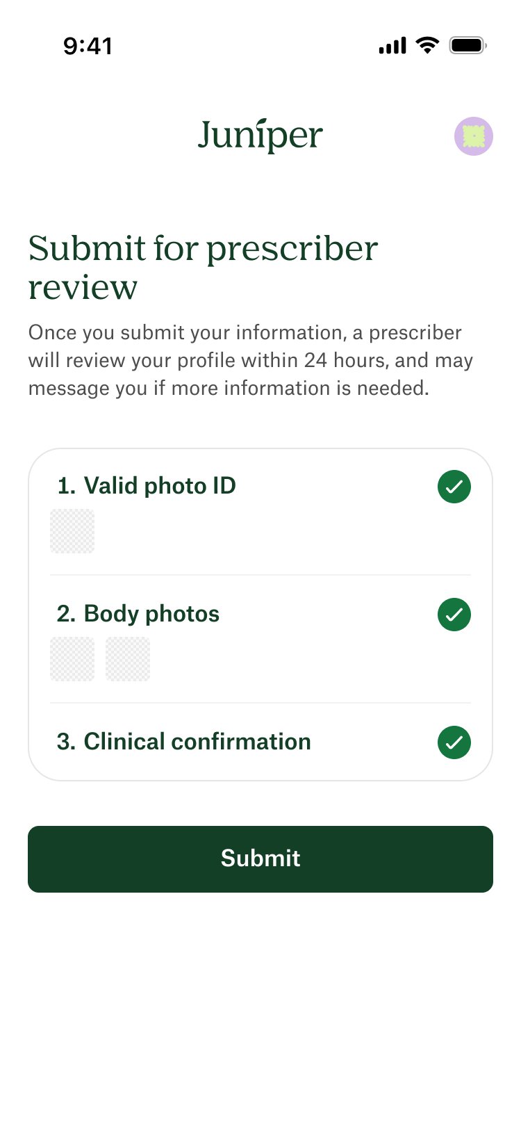 Submit for prescriber review — all three steps checked, a prescriber reviews the profile within 24 hours