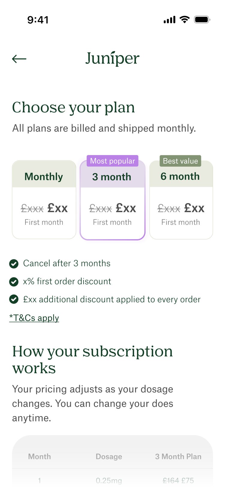Choose your plan — monthly, 3 month and 6 month options with first-order discount and month-by-month dosage pricing