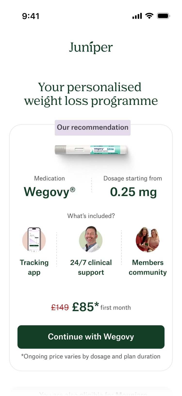 Our recommendation — Wegovy from 0.25 mg with tracking app, 24/7 clinical support and members community, discounted first month; the page continues into GLP-1 education, support and FAQs